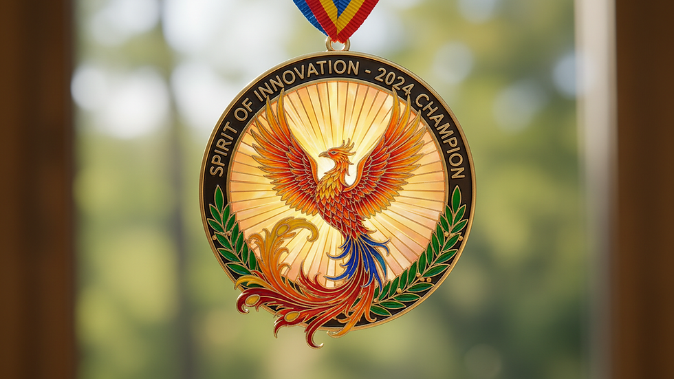 Close-up view of a custom medal with intricate design details