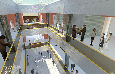An architectural rendering of the interior showing three floors of the Family Health Science Institute with people inside