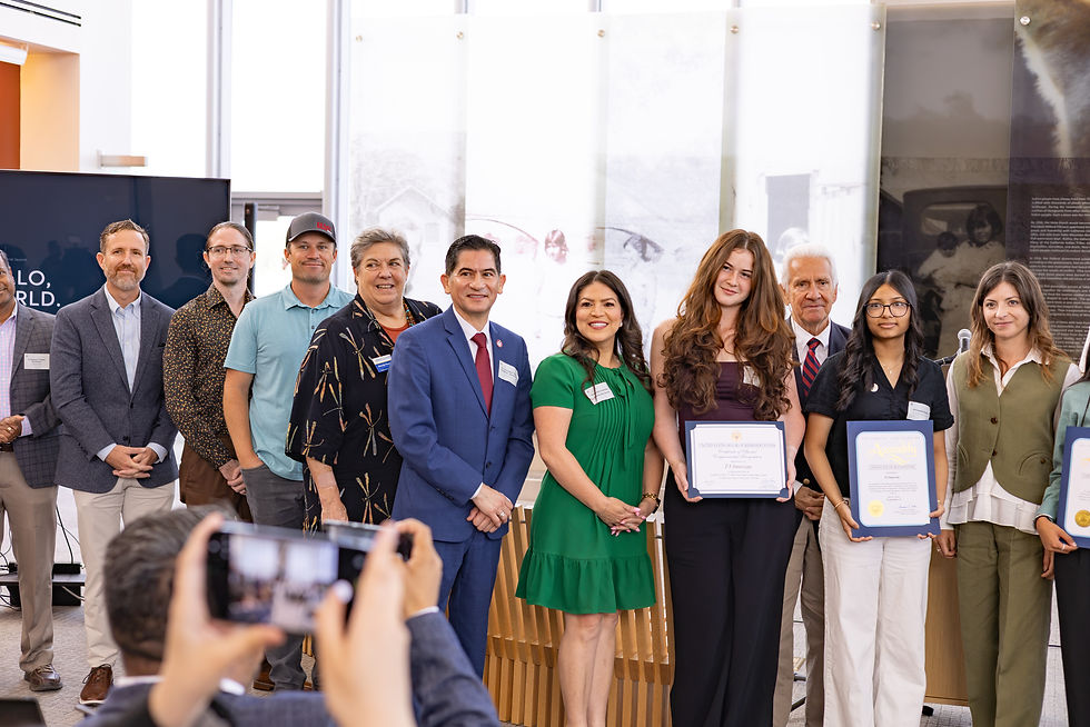 Pictured are F3i board members and Supercomputing Center partners, including Fresno State President Dr. Saúl Jiménez-Sandoval. Melissa Floca of the San Diego Supercomputer Center is not pictured. Also pictured are AI Launchpad students spending the week at Fresno State learning to build AI models using resources available through the F3i Supercomputing Center.