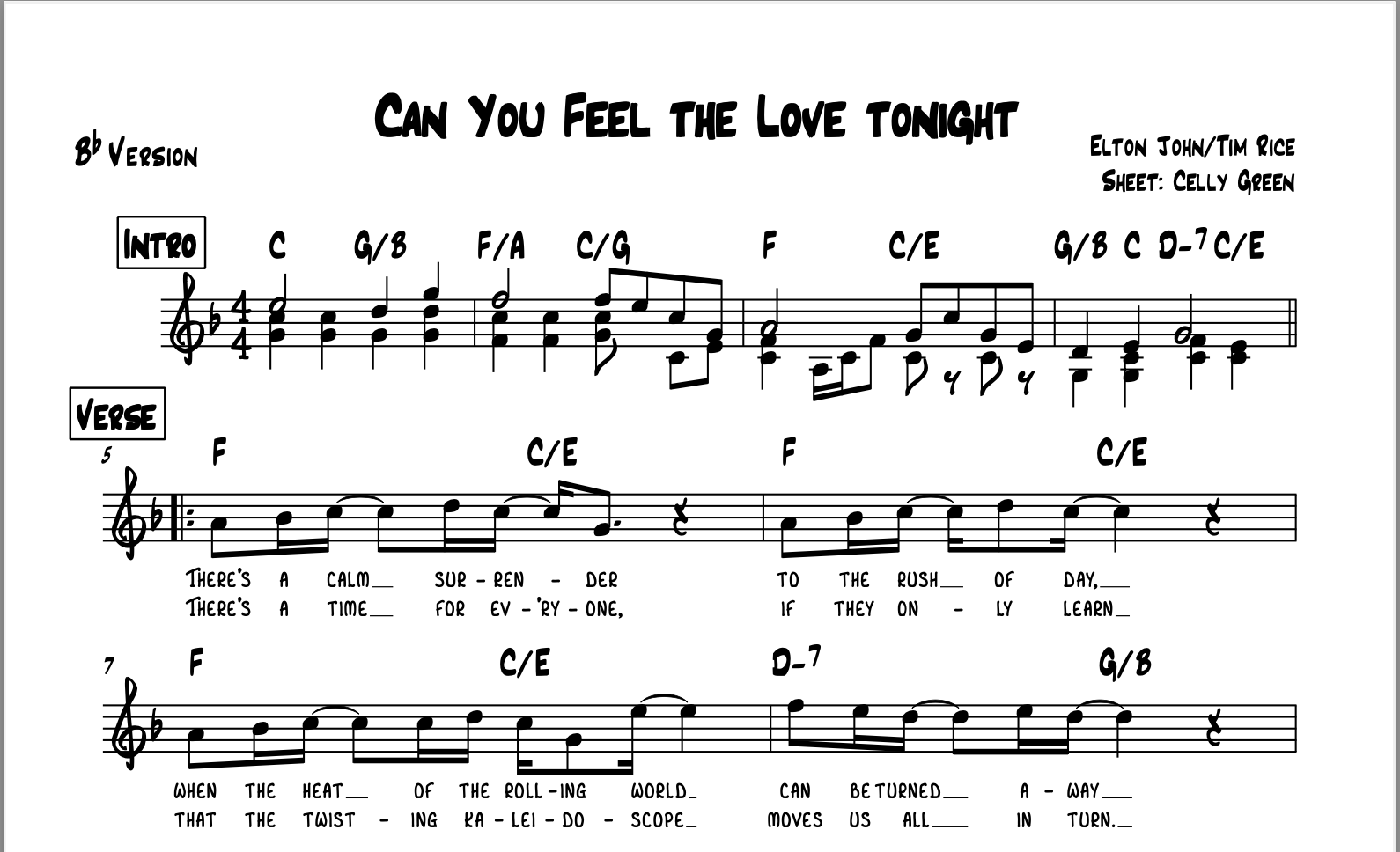 Can you feel the love tonight Leadsheet Bb