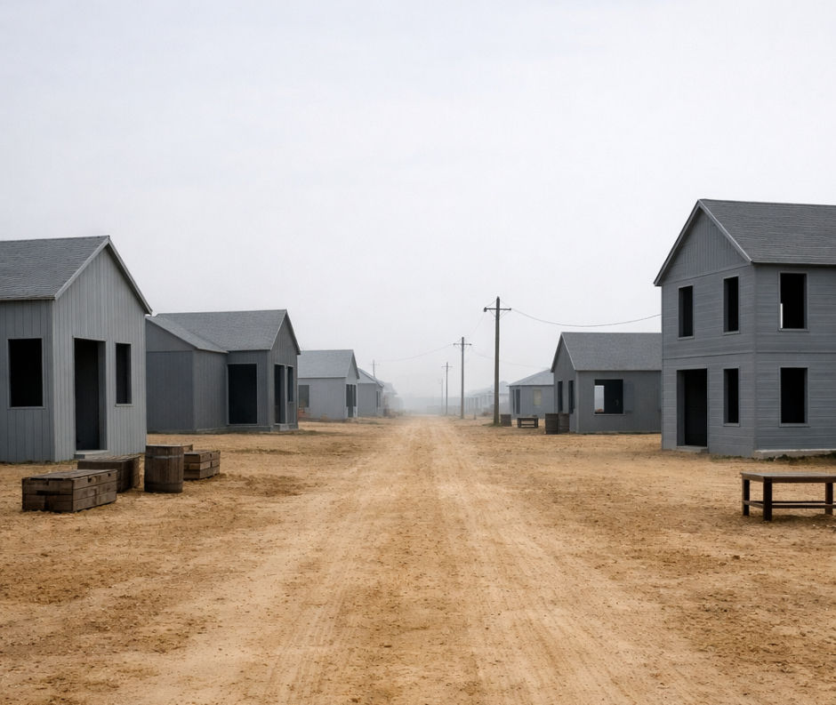 A vila em tons de cinza reflete o que ocorre quando a sombra coletiva se instala: o espaço torna‑se árido, as formas perdem cor e as fronteiras entre o dentro e o fora se dissolvem. Como as casas sem portas nem janelas, grupos que negam suas contradições deixam de ter passagem para o diálogo — tudo se torna exposição e vigilância. O silêncio, então, sustenta a aparência de ordem enquanto oculta o medo que alimenta a exclusão.