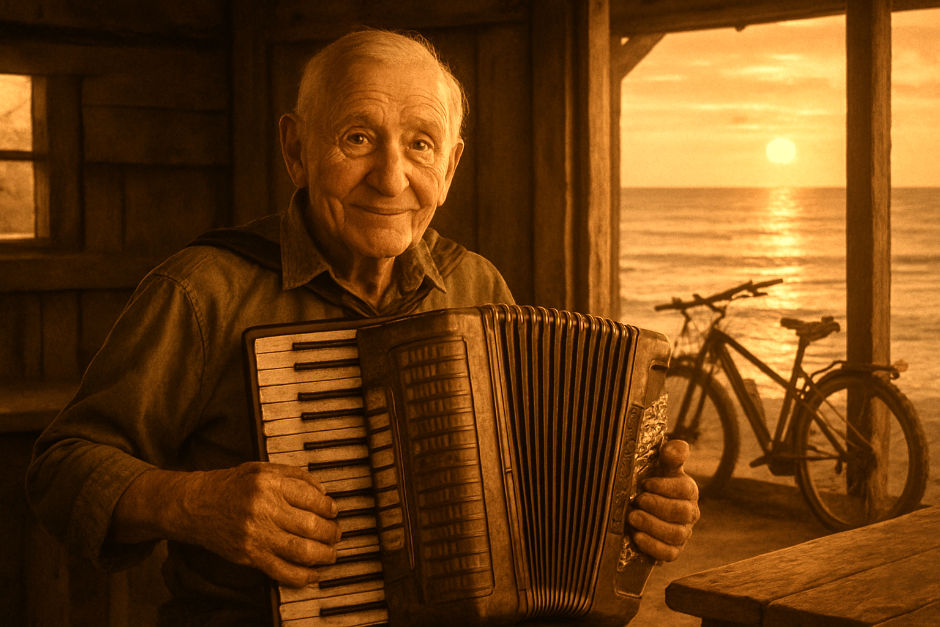 "Nico, 83 anos, com seu acordeão em um bar à beira-mar, onde as dores do corpo se calam e a alma canta ao som do oceano e do pôr do sol. Uma vida de resiliência e melodia."