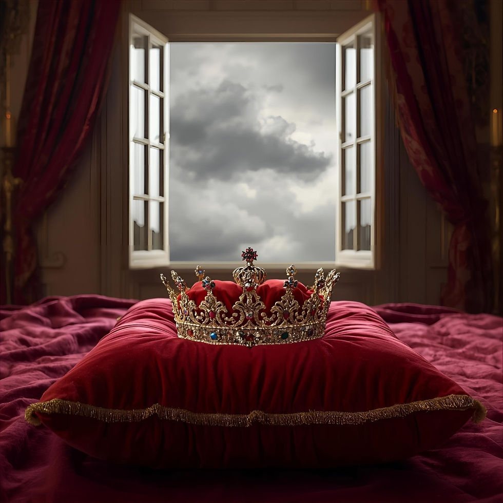Uma imagem conceitual e artística de uma coroa repousando sobre uma almofada de veludo em um quarto de palácio, com uma janela ao fundo mostrando um céu nublado. A atmosfera é melancólica e solitária.