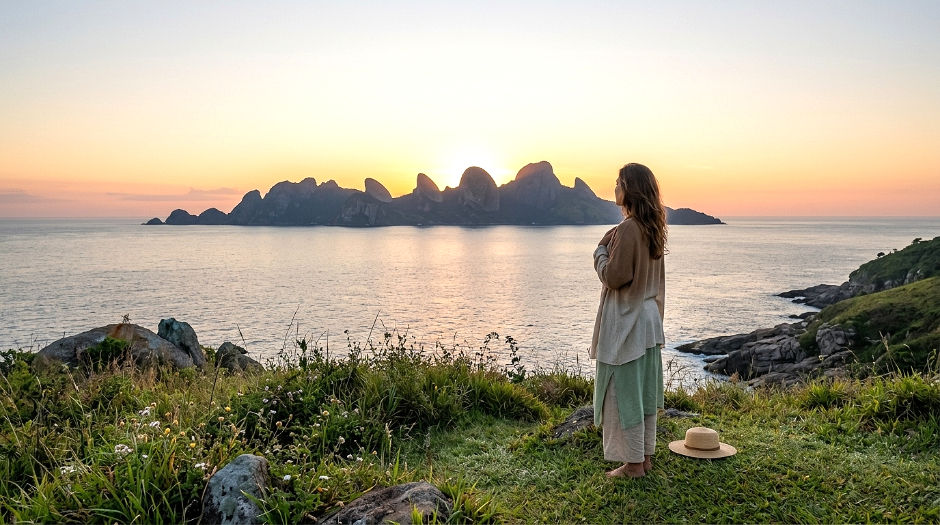 Pessoa contempla o amanhecer sobre o mar a partir de uma colina verde, simbolizando a busca e o despertar da consciência.