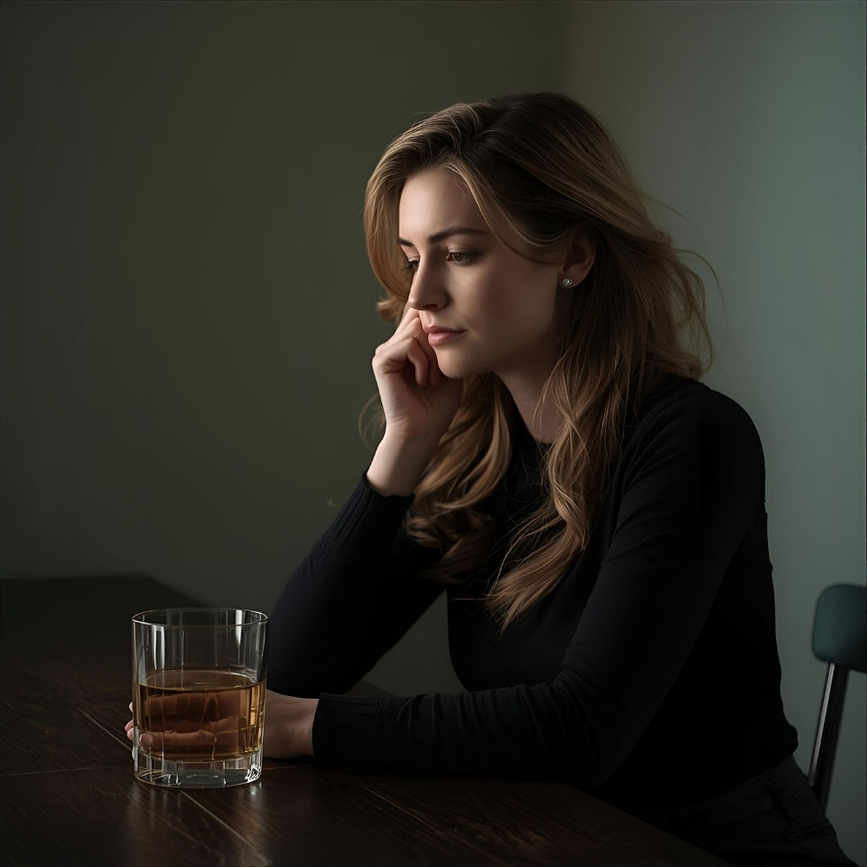 imagem que represente a dualidade do álcool como fuga e prisão, uma mulher refletida em um copo, com uma expressão de angústia.