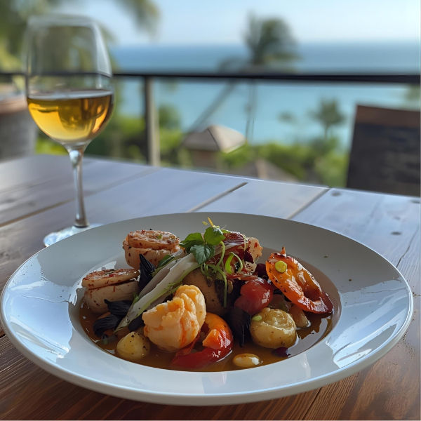 Um prato de frutos do mar fresco e apetitoso, como um risoto de camarão ou peixe grelhado, servido em um dos restaurantes de Ilhabela com vista para o mar.