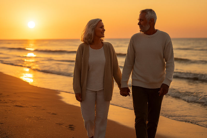 Casal maduro de mãos dadas caminhando ao pôr do sol, simbolizando a jornada compartilhada e a possibilidade de reconexão.