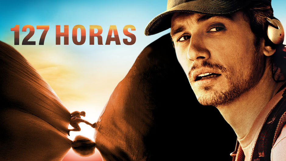 Cartaz oficial do filme "127 Horas" ou uma cena que represente Aron Ralston preso no cânion.