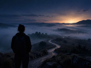 Uma paisagem noturna minimalista, com uma figura humana de costas diante de um caminho sinuoso envolto por névoa. O céu escuro apresenta um leve brilho no horizonte, sugerindo travessia e possibilidade de transformação.