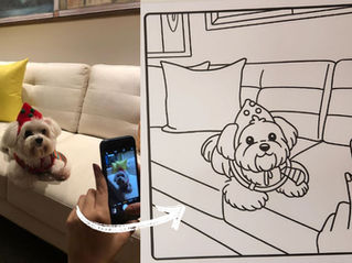 Livro de colorir feito à mão com ilustração personalizada de cachorro na capa, criado como presente de aniversário.