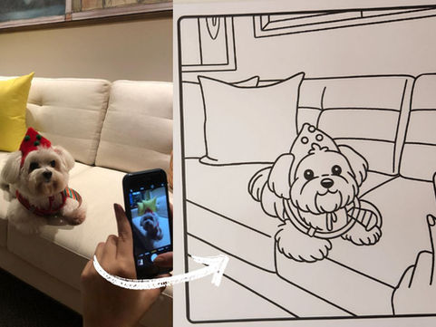 Livro de colorir feito à mão com ilustração personalizada de cachorro na capa, criado como presente de aniversário.