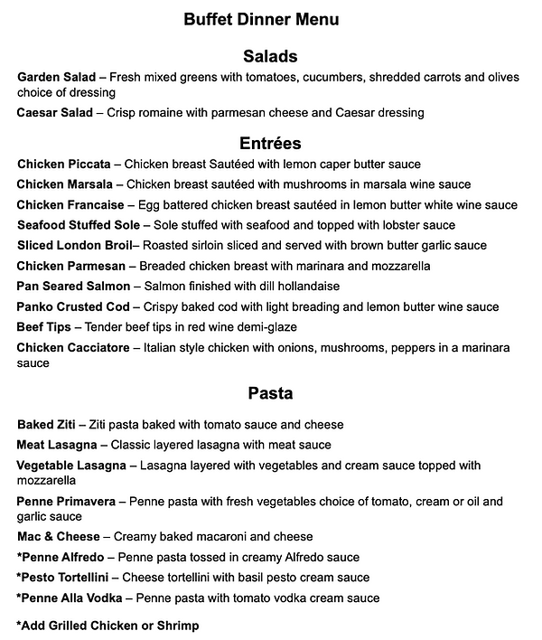 North country catering co Menu