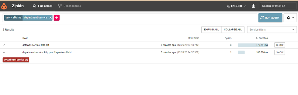 zipkin server UI showing HTTP requests history for department service