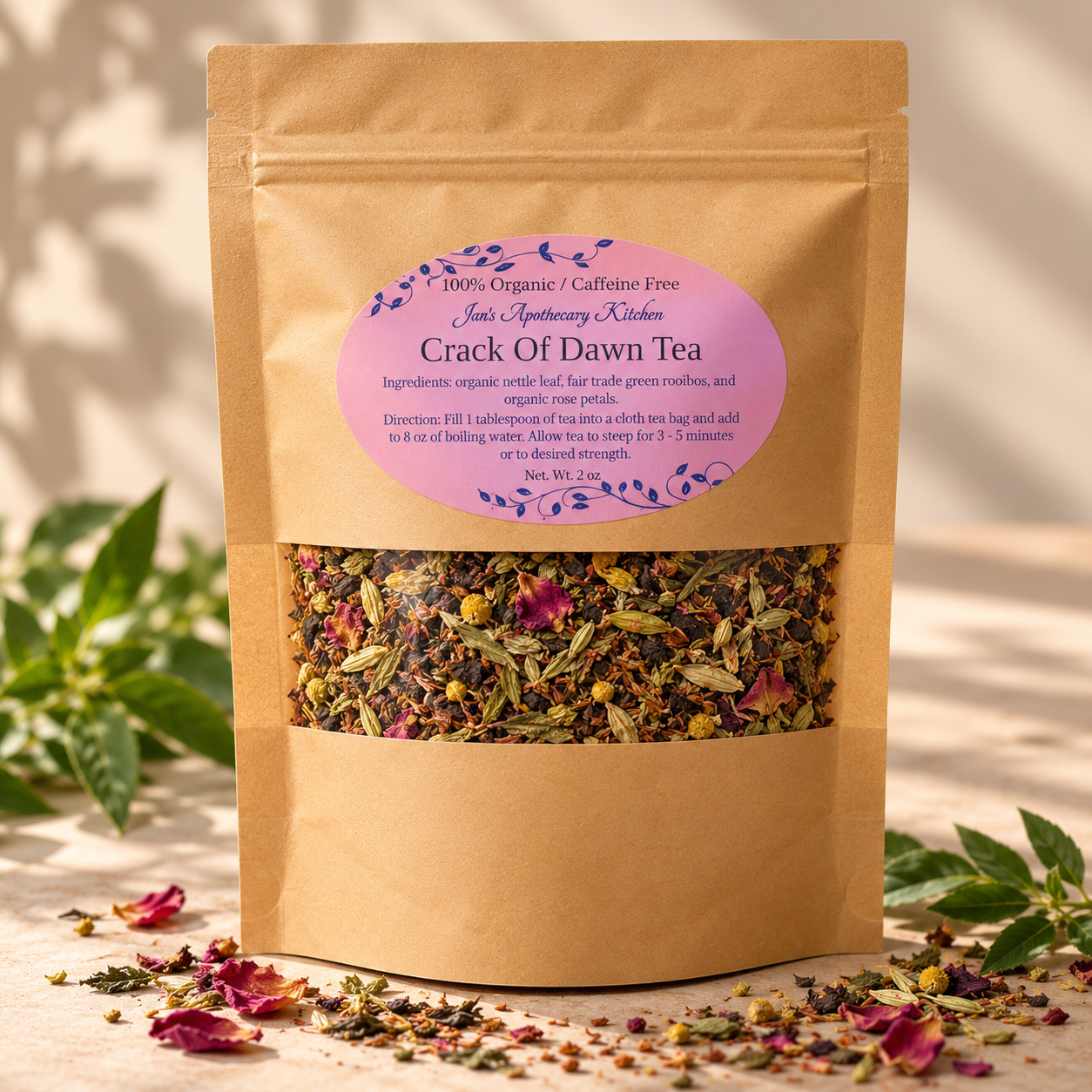 Crack Of Dawn Tea in a bag on display