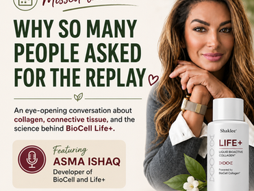 Key takeaways from a replay conversation with Asma Ishaq about BioCell Life+, collagen science, connective tissue support, joint mobility, skin hydration, and the collagen lifecycle approach.
