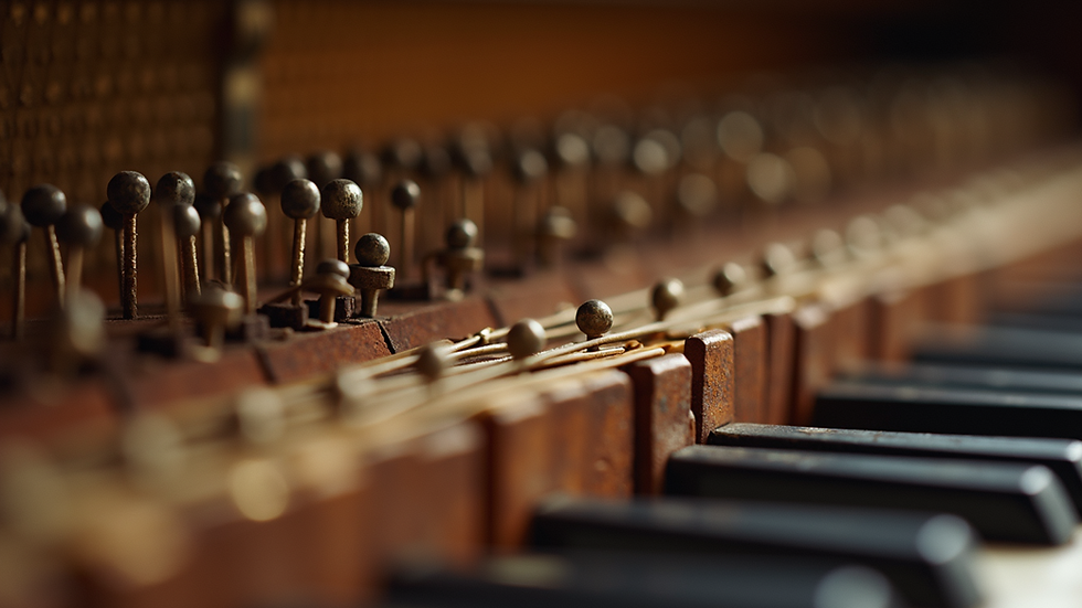 Close-up view of piano strings and tuning pins