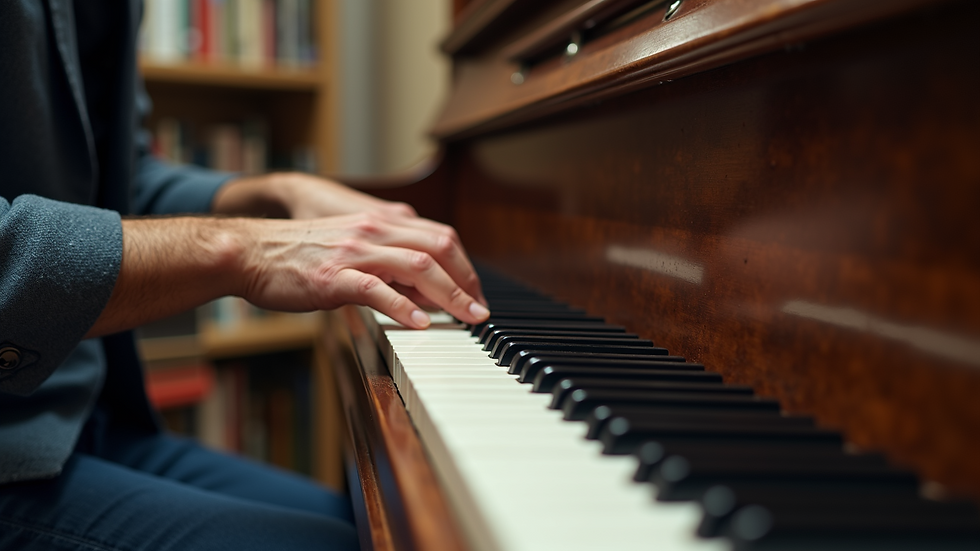 Eye-level view of a piano tuner adjusting tuning pins