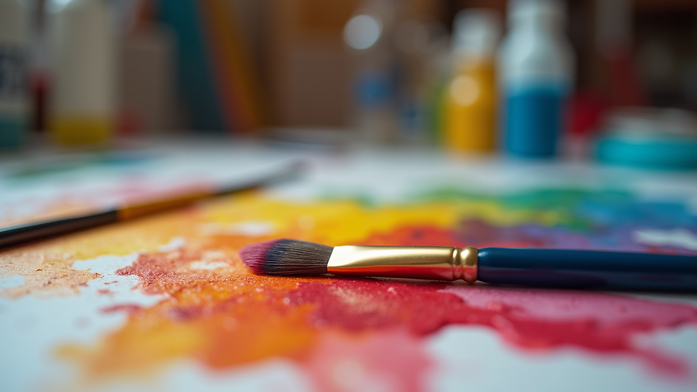 Close-up view of colorful paints and brushes on a table