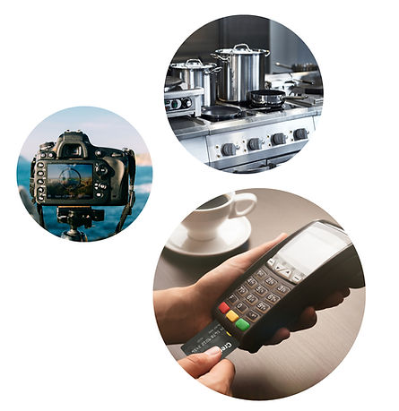 Equipment including a camera, kitchen items, and point of sale device.