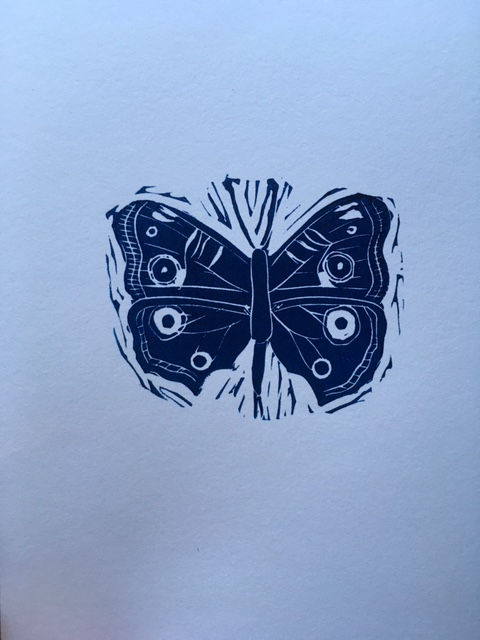 Single butterfly- lino print in blue