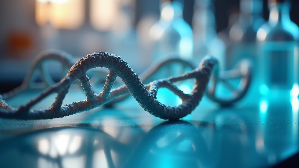 Eye-level view of a detailed DNA strand model on a laboratory table