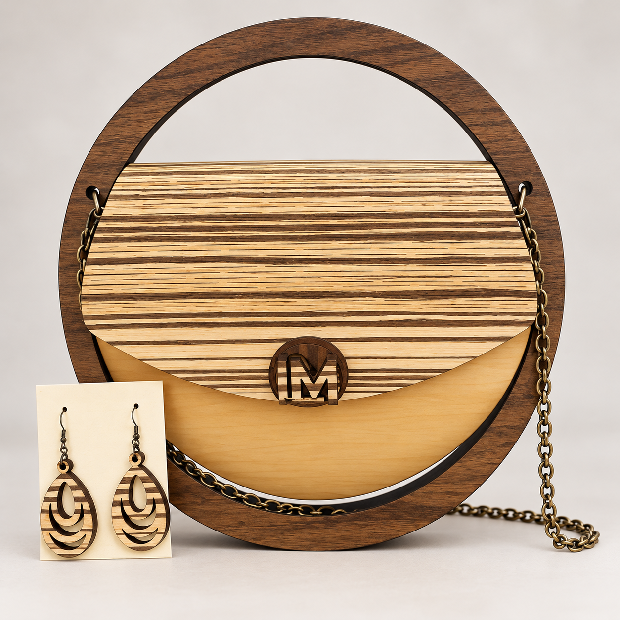 Golden Zebra – Handcrafted Circular Wooden Handbag