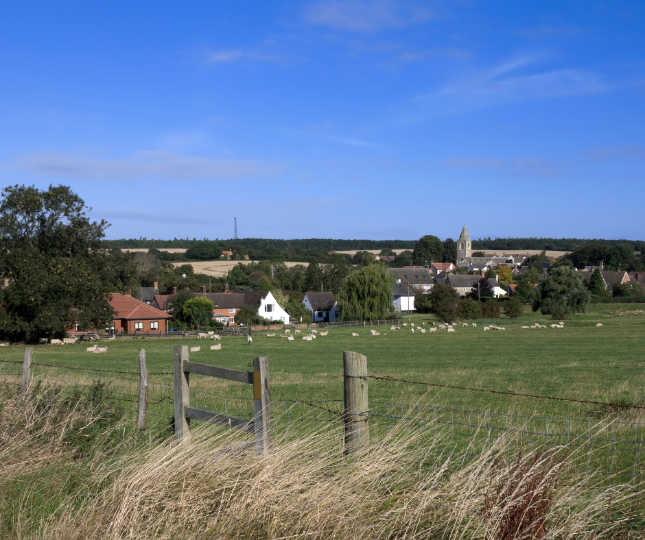 A picturesque rural landscape with a green pasture foreground, dotted with grazing sheep. A quaint village with trees and a church spire under a clear blue sky.