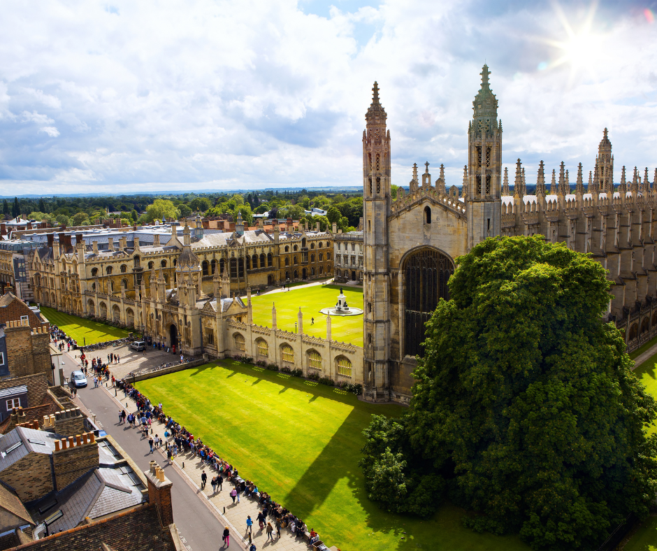 Aerial view of a historic Gothic chapel with ornate spires, surrounded by a lush green courtyard and trees, under a partly cloudy sky with sunlight.