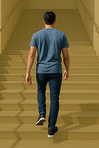 A photo of a man walking up the stairs. The background of the stairs is orange