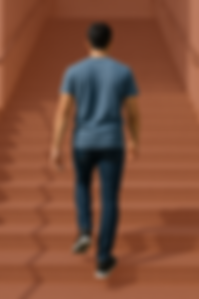 A photo of a man walking up the stairs. The background of the stairs is red