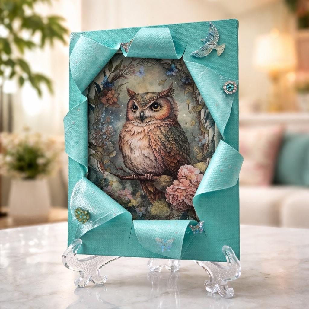 "Woodland Peek-a-Boo" – Busted Canvas Owl ArtHoot and Heart