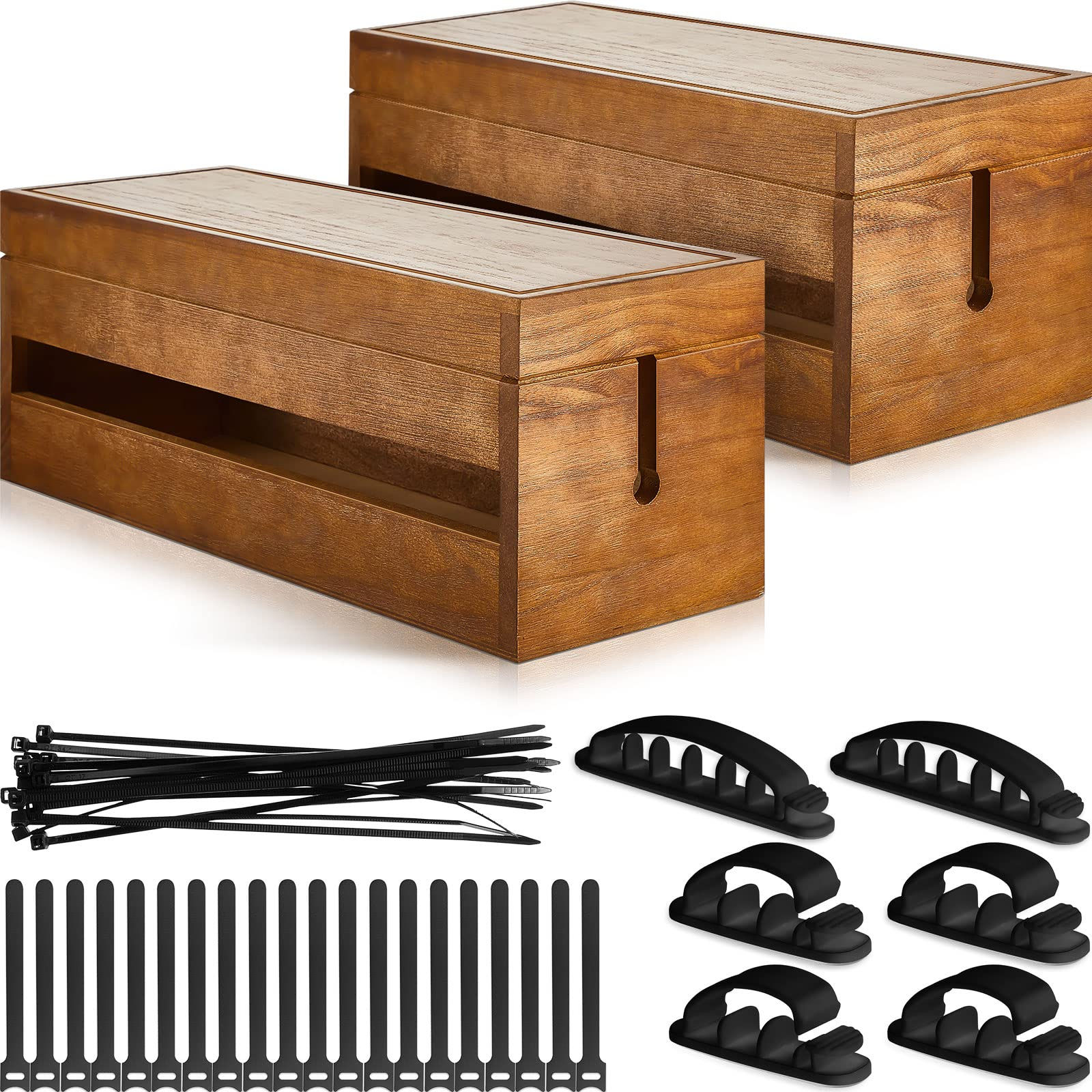 Hoteam 48 Pcs Wooden Cable Management Box Cable Organizer Box Set Cord Hider Cab