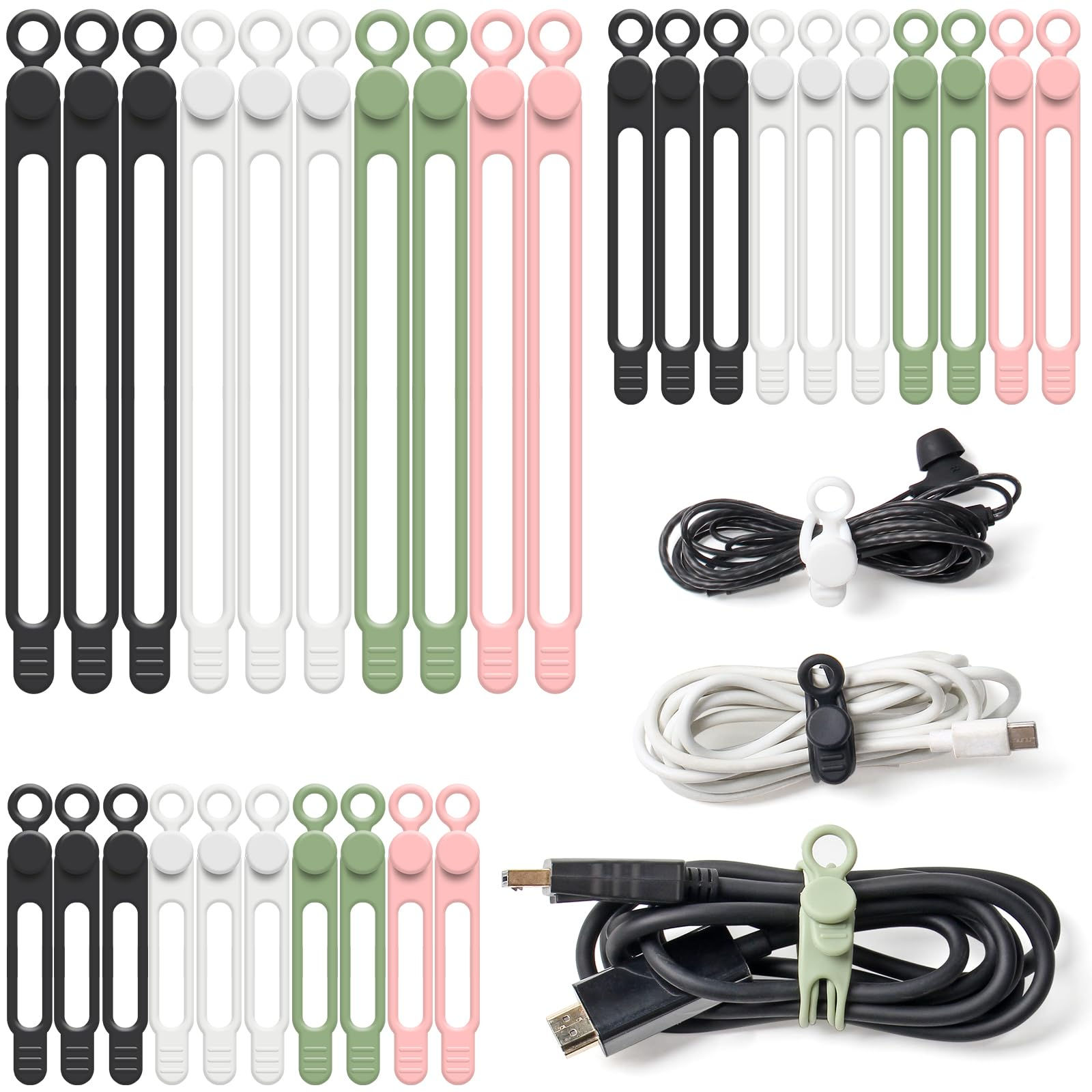 OneLeaf 30Pcs Cord Organizer Silicone Cable Ties Reusable Cord Ties for Electron