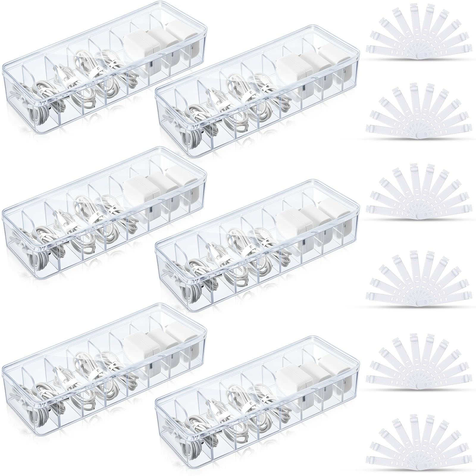 Tatuo 6 Pcs Cable Organizer with 60 Wire Ties Clear Plastic Cord Storage Box wit
