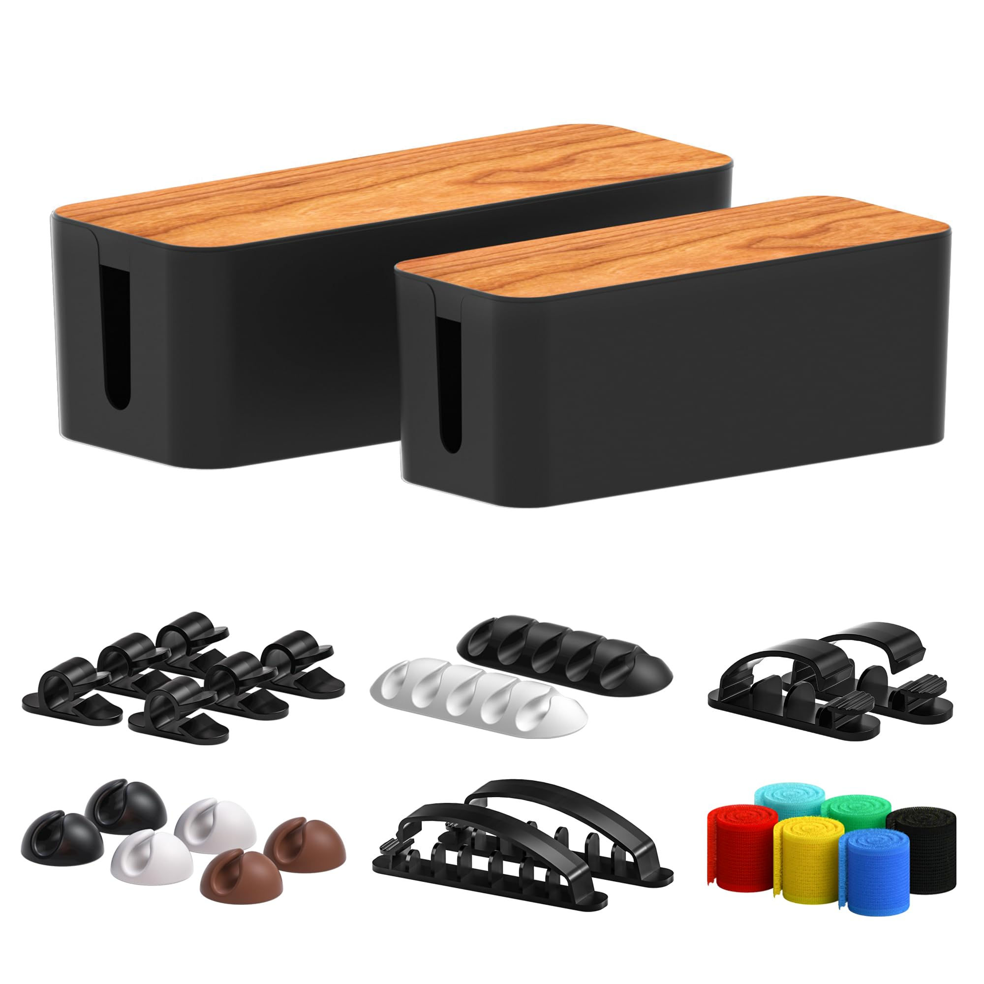 Cable Management Box 2 Pack with 16 Cable Clips Set-Large & Medium & Small Woode
