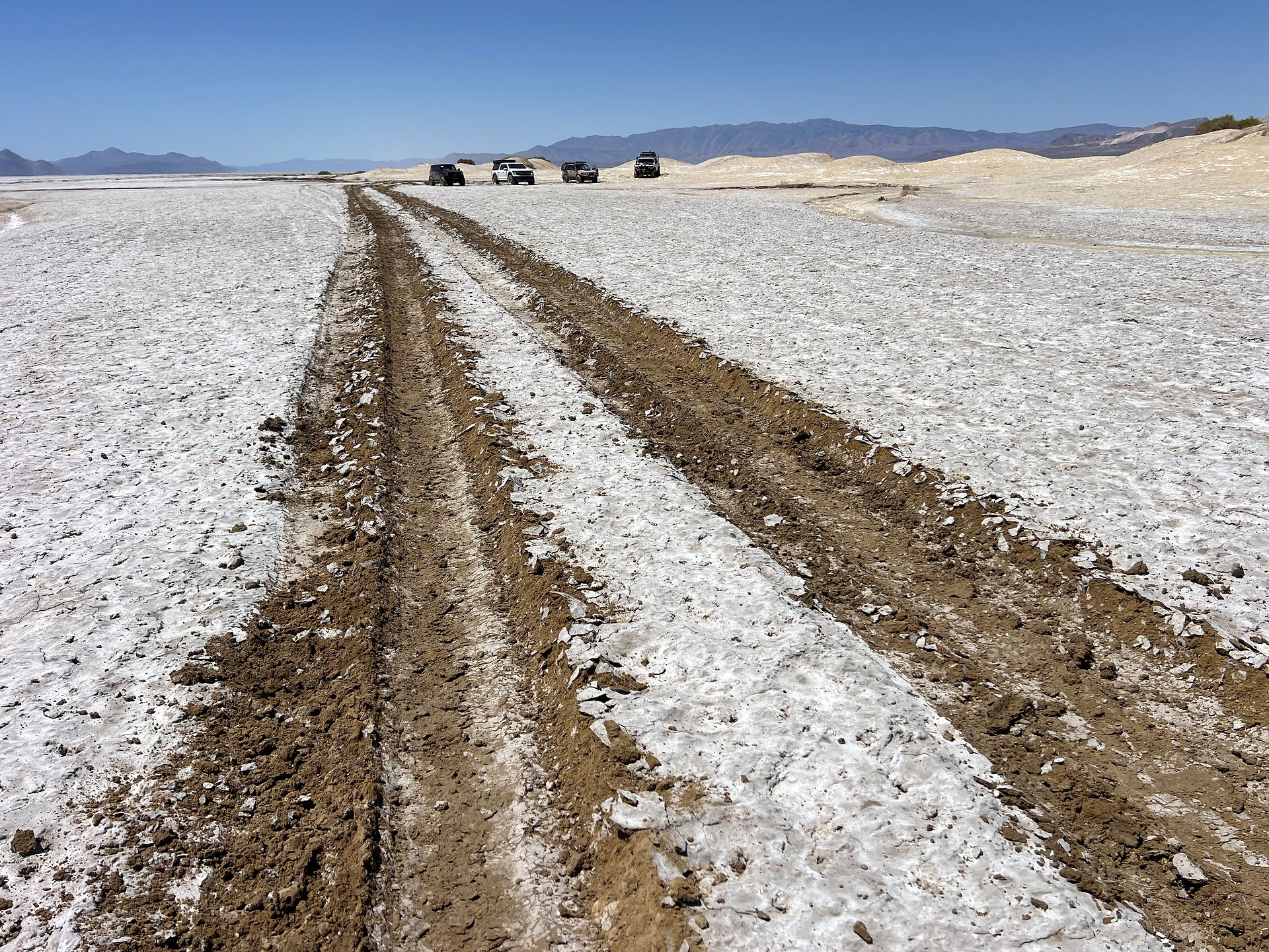 Muddy ruts under the thick salt crust of the Black Rock Desert Playa. Four adventure overland vehicles are in the distance under a blue sky.