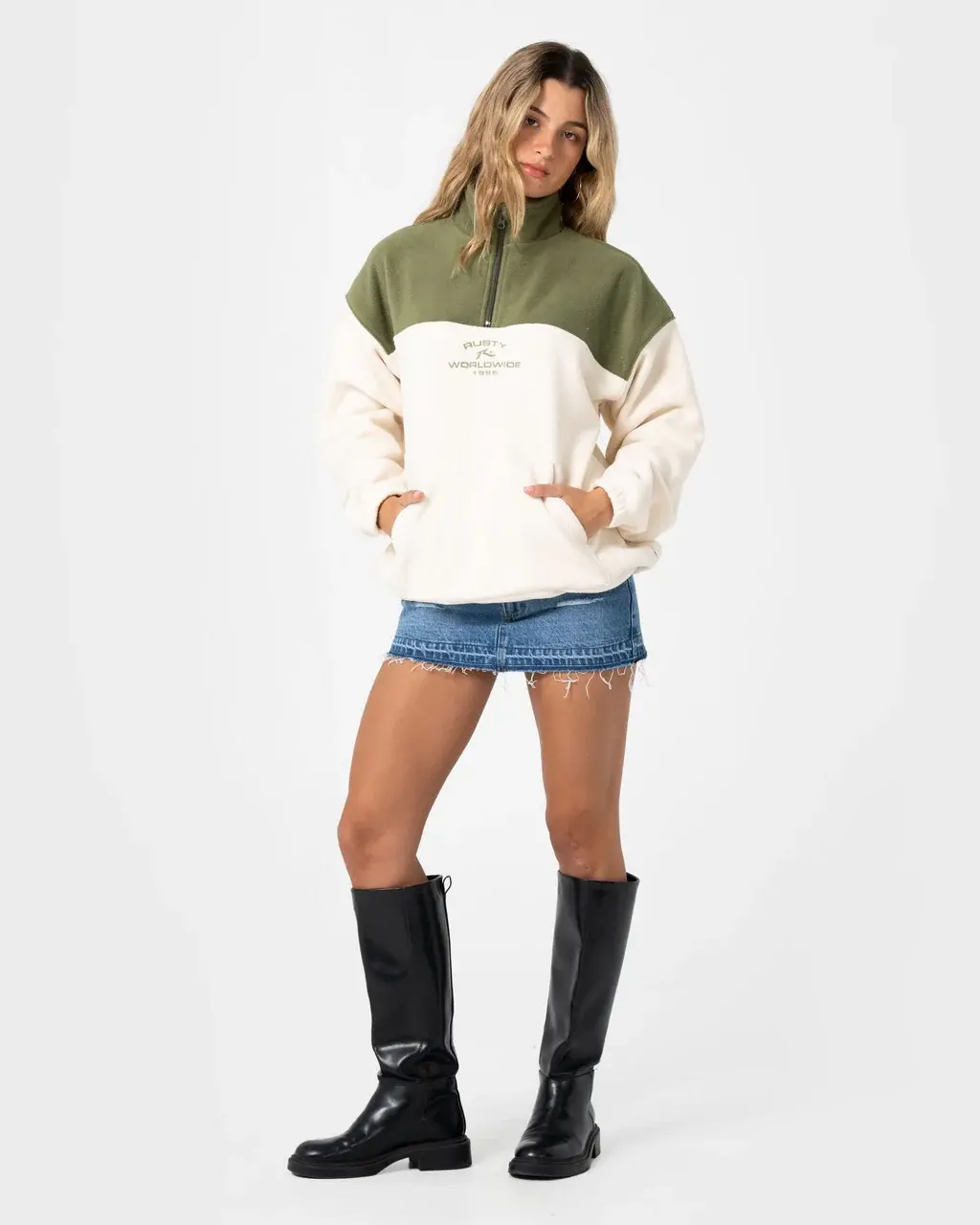 RUSTY WOMENS CENTRAL DIVISION CREW POLAR FLEECE - KHAKI/CREAM