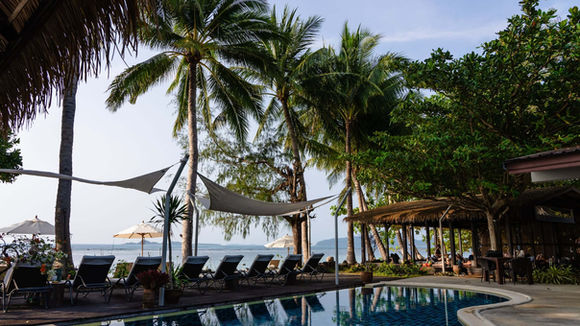 Palm-fringed poolside at Samahita Retreat overlooking the ocean