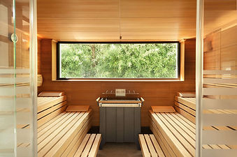 Park Igls Mayr Clinic sauna with wooden benches and garden view