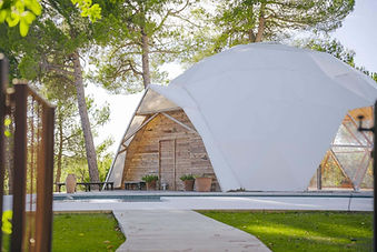 White geodesic wellness dome surrounded by pine trees at MasQi Energy House Alicante