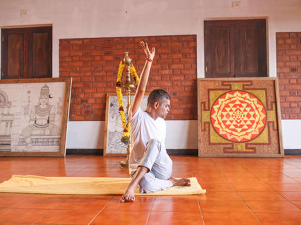 Yoga session inside Ayursoma’s meditation hall in Kerala