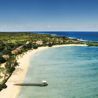 Aerial view of Shanti Maurice Wellness Resort set along Mauritius’ coral-fringed coastline.