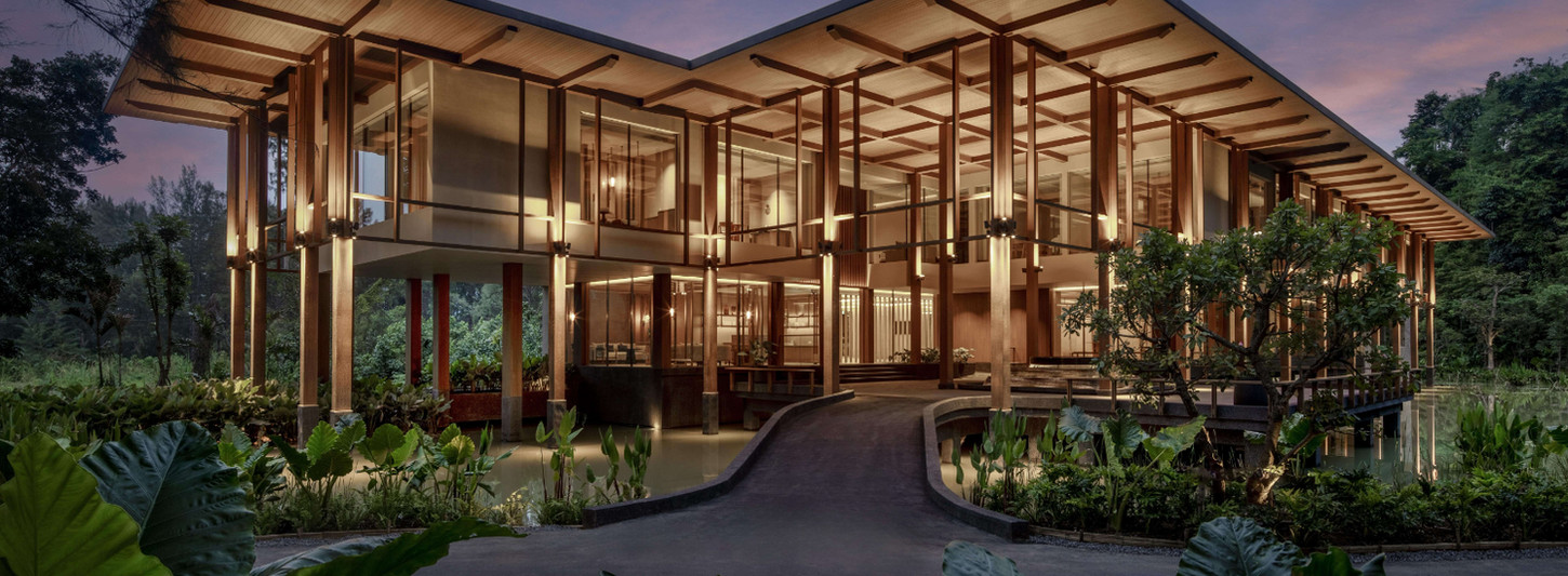 Evening view of the Anantara Layan Phuket Resort wellness centre exterior