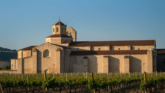 Exterior of Castilla Termal Monasterio de Valbuena surrounded by vineyards