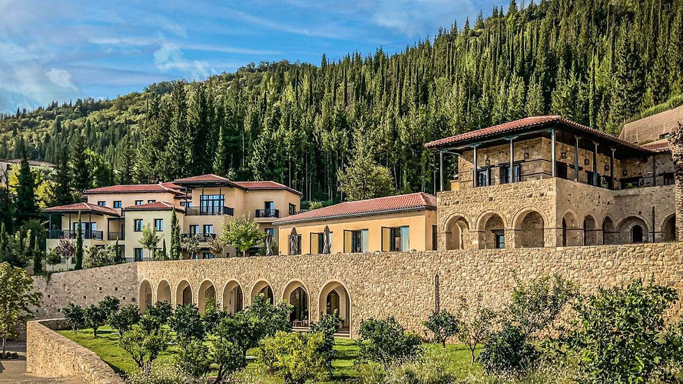 Aerial view of Euphoria Retreat surrounded by lush pine forest in the Peloponnese, Greece
