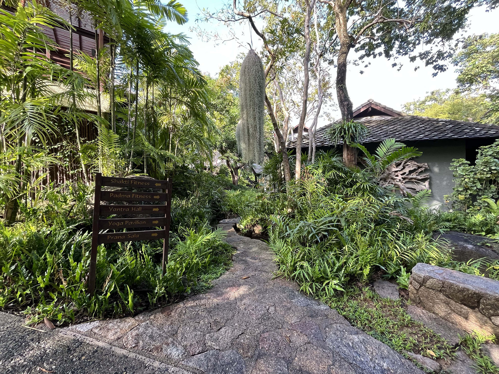 Shaded stone pathway through tropical gardens at Kamalaya Wellness Sanctuary in Koh Samui, Thailand.