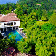 Aerial view of the pool and Sal forest at Ananda in the Himalayas