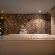 Luxurious marble room featuring hydrotherapy pod.