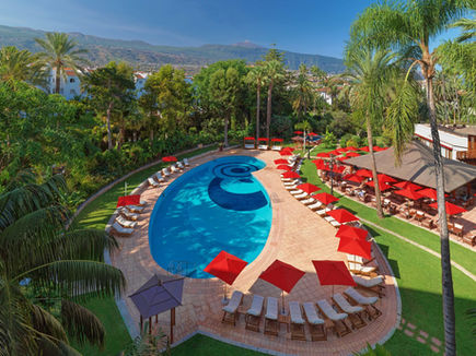 Main swimming pool with red parasols surrounded by gardens at Hotel Botanico