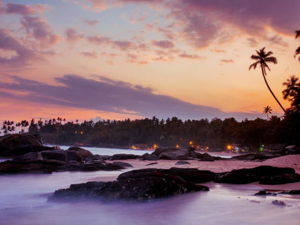 Tropical sunset over the ocean with silhouetted palm trees at Anantara Peace Haven Tangalle